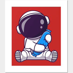 Astronaut Holding Pilow Cartoon Posters and Art